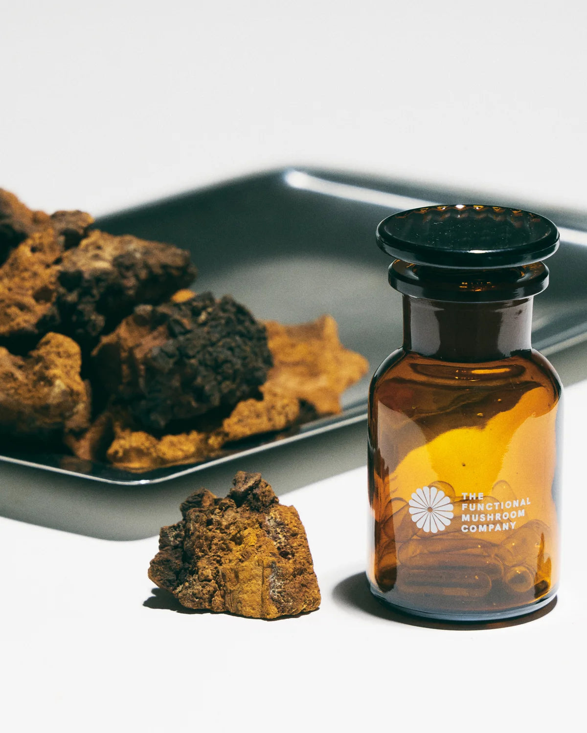 Bottle of The Nutritional Mushroom Company product with dried mushrooms on a tray