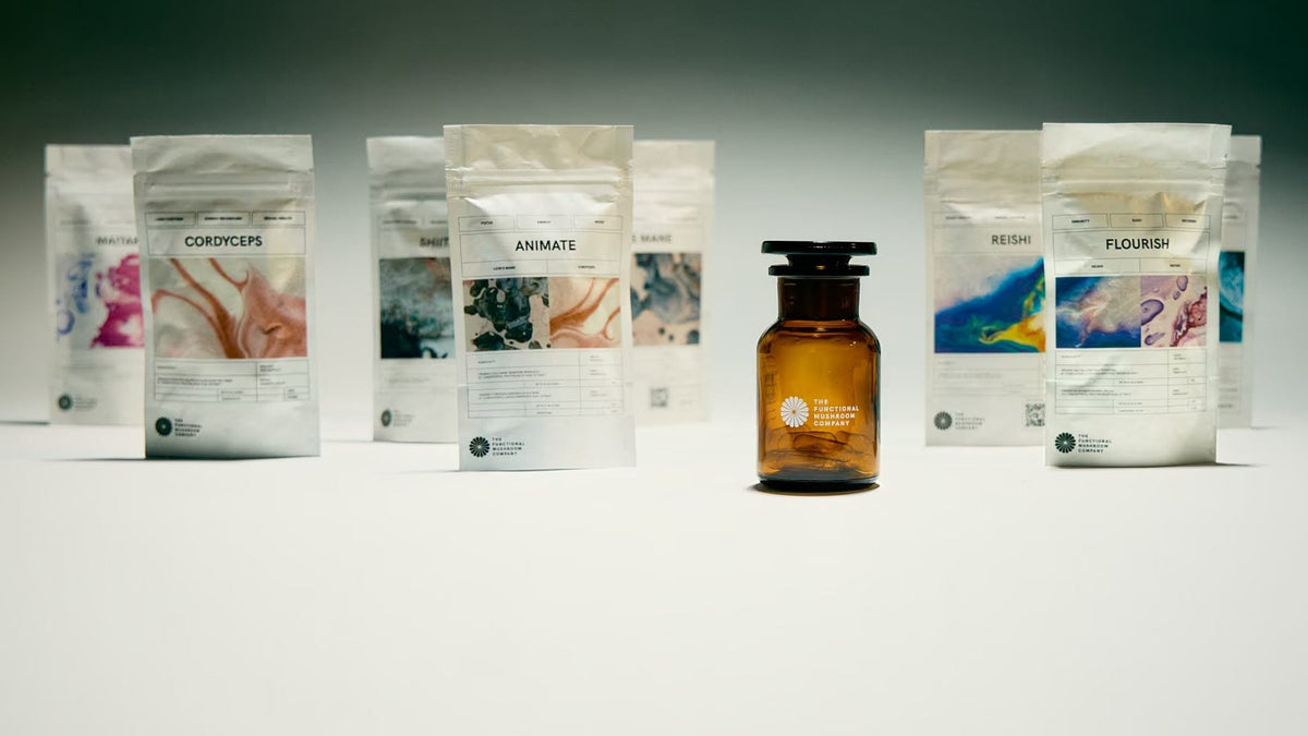 The TFMC mushroom extract range photographed in the studio