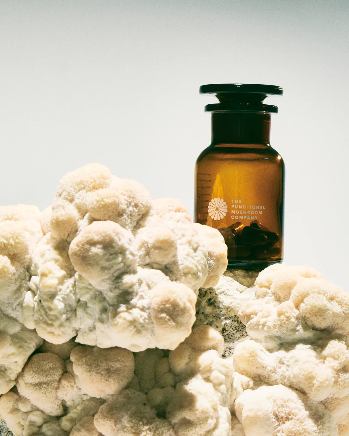 Brown bottle with a label on a white coral-like surface