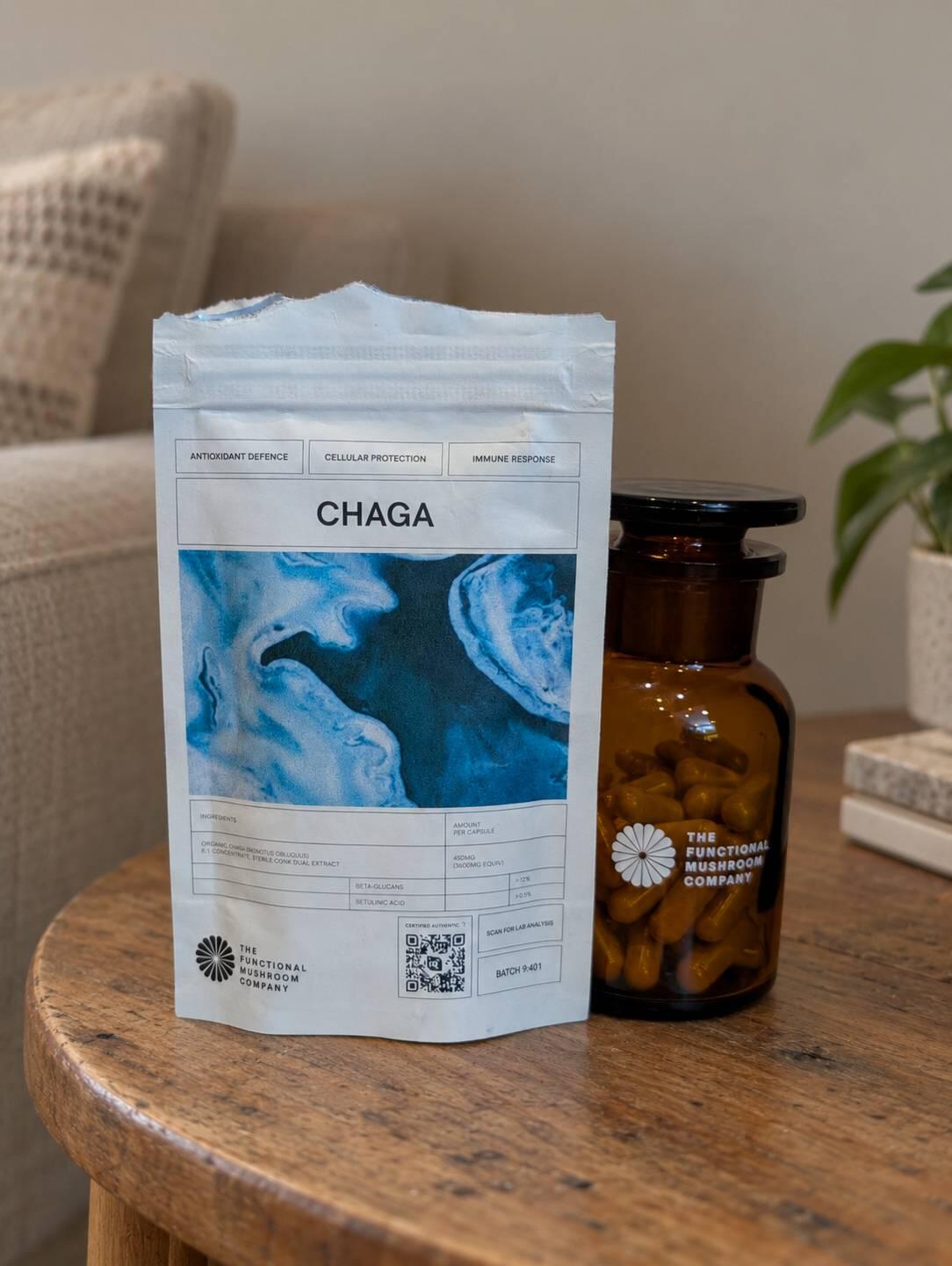 Chaga pouch and jar on a table, photographed by Minna K