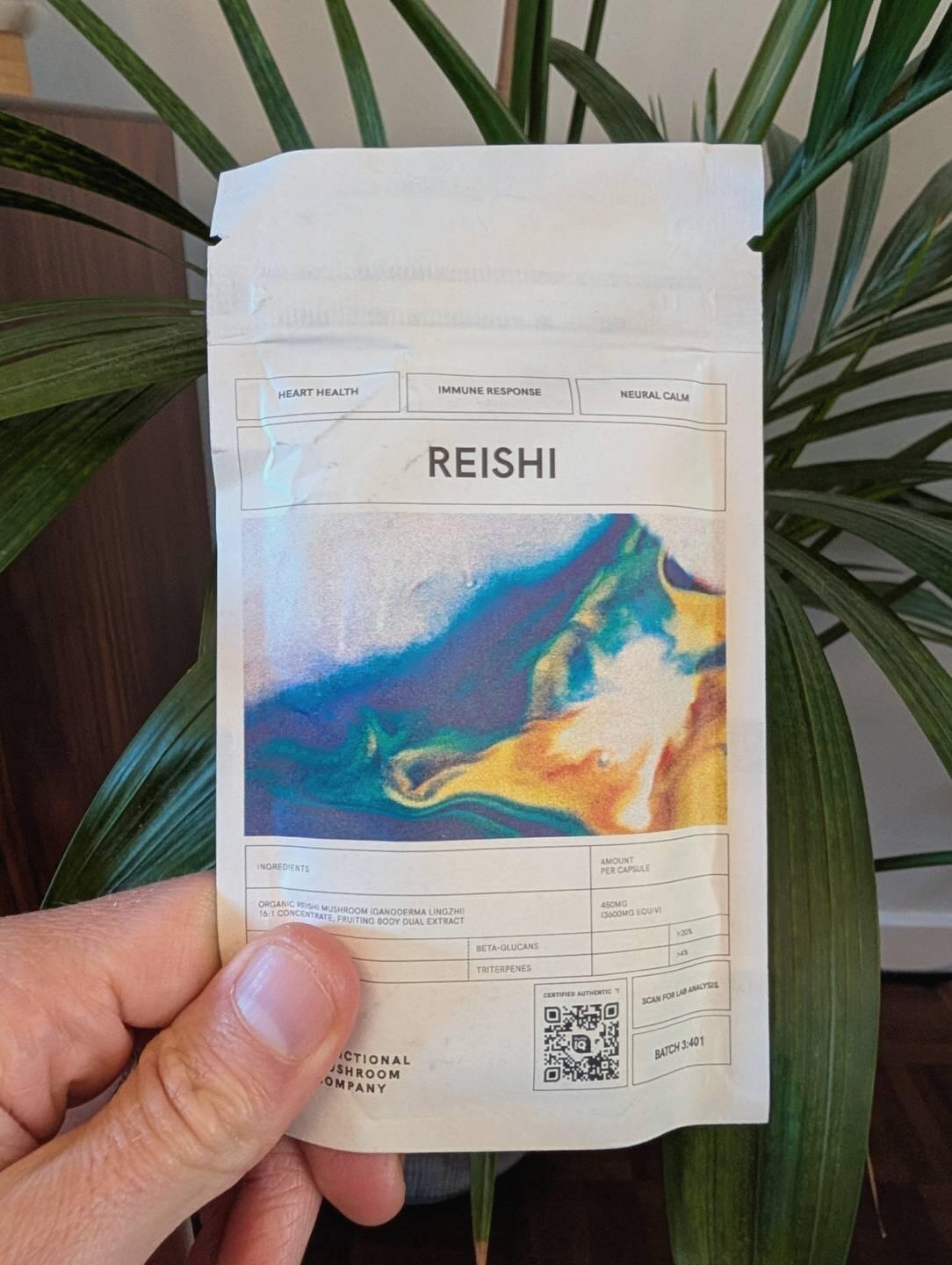 Reishi pouch held in front of a plant, photographed by Paula Clarke