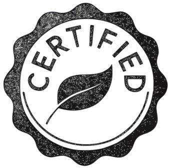 A certification stamp with a leaf inside it, drawn in ink.