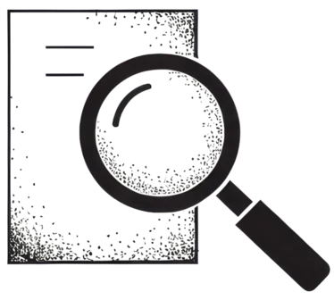 A magnifying glass over a document, drawn in ink.